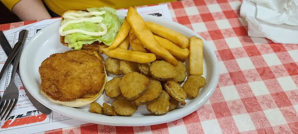 Breaded Chicken Sandwich with Fried Pickles and Fries